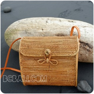 passport sling bags rattan leather with flower clip